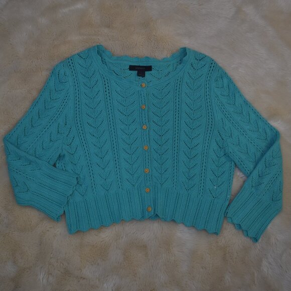 Express Teal Cropped Cotton Knit Cardigan Sweater Size Large - Picture 15 of 15